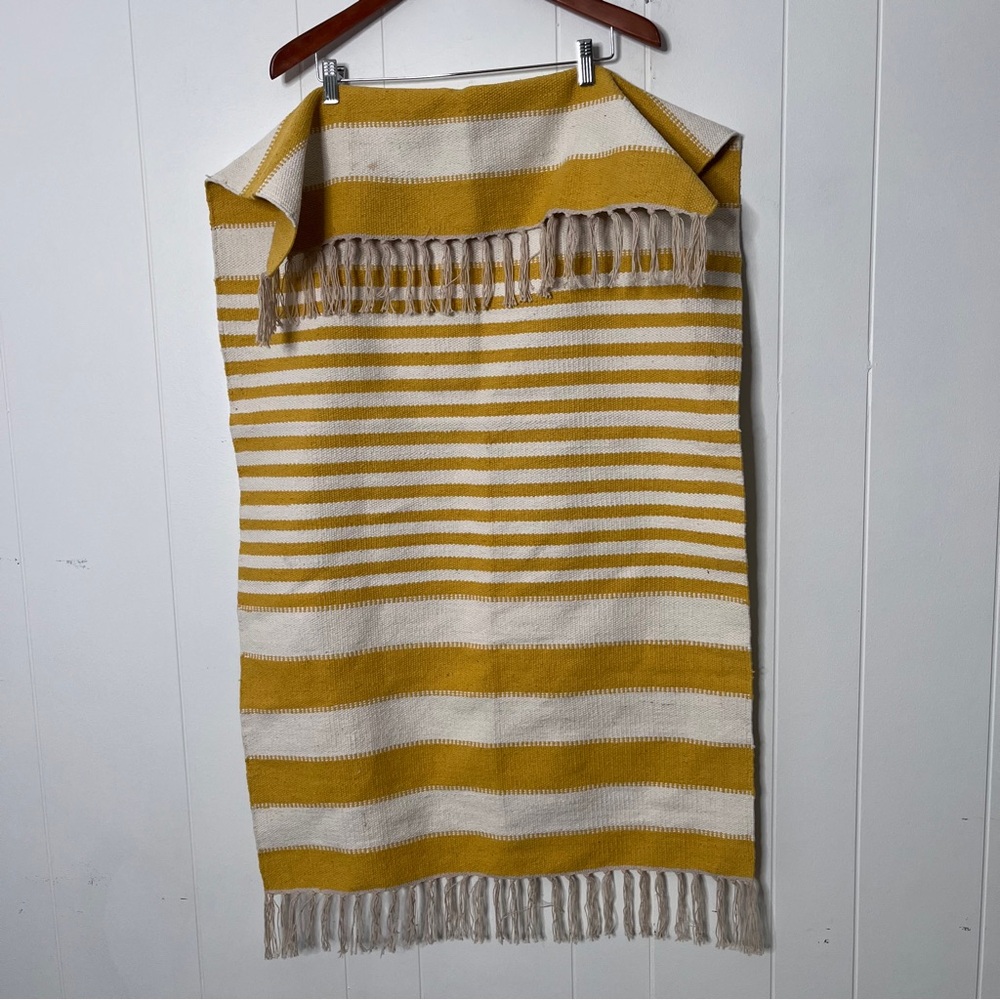 Handmade Striped Yellow and White Fringe Rug Small 26" x 47" Kitchen Cheerful